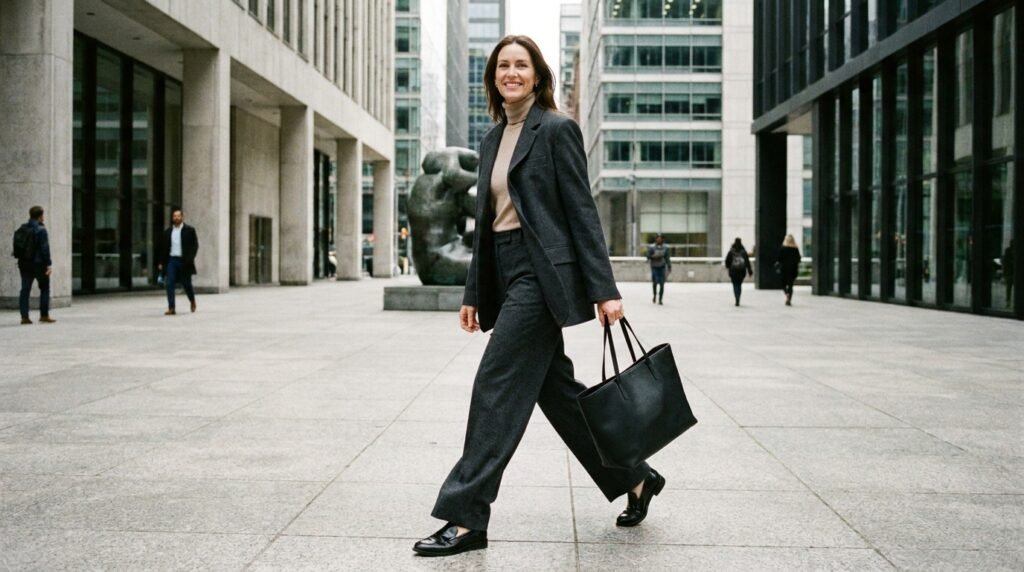 Professional woman wearing wide-leg charcoal trousers and black leather office loafers.