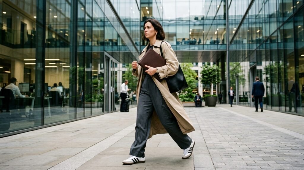Professional woman wearing a trench coat, charcoal trousers, and Adidas Sambas outside an office.