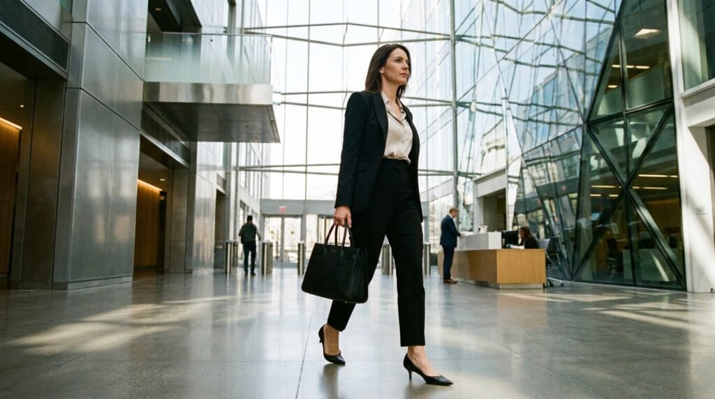 Professional woman wearing tailored trousers and sharp kitten heels in a modern corporate office setting.