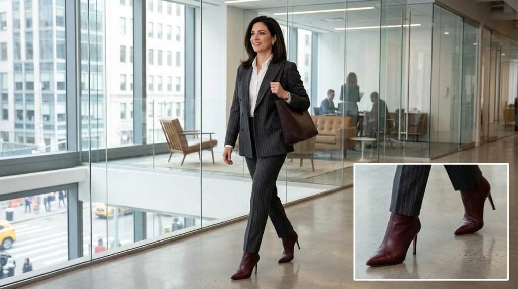 Charcoal pinstripe suit paired with pointed burgundy stiletto boots in an office lobby.