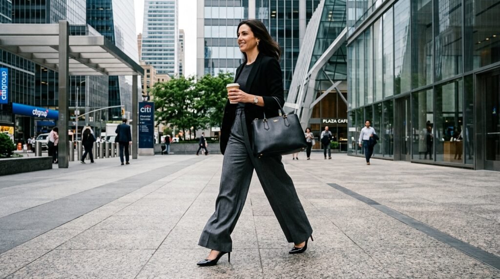 Woman wearing tailored charcoal trousers and black pointed-toe pumps in an office plaza.