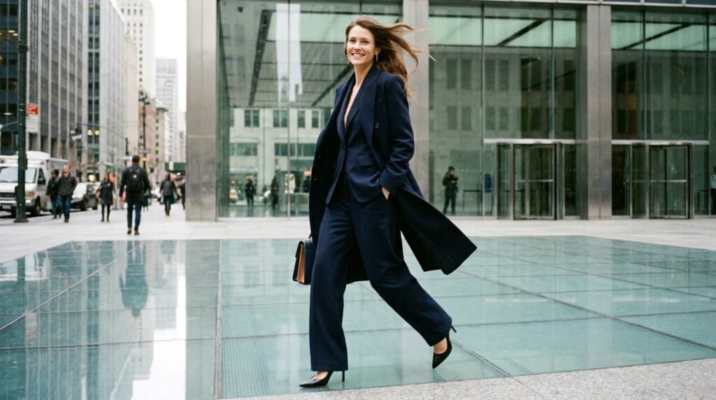 Woman walking outdoors wearing navy wool trousers and black pointed-toe stiletto pumps.
