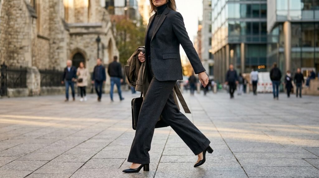 Black leather pointed-toe block-heel pumps worn with wide-leg charcoal trousers.