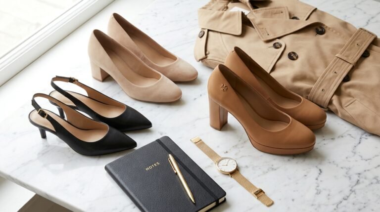 Flat lay of comfortable pump styles including block heels, kitten heels, and platform pumps.