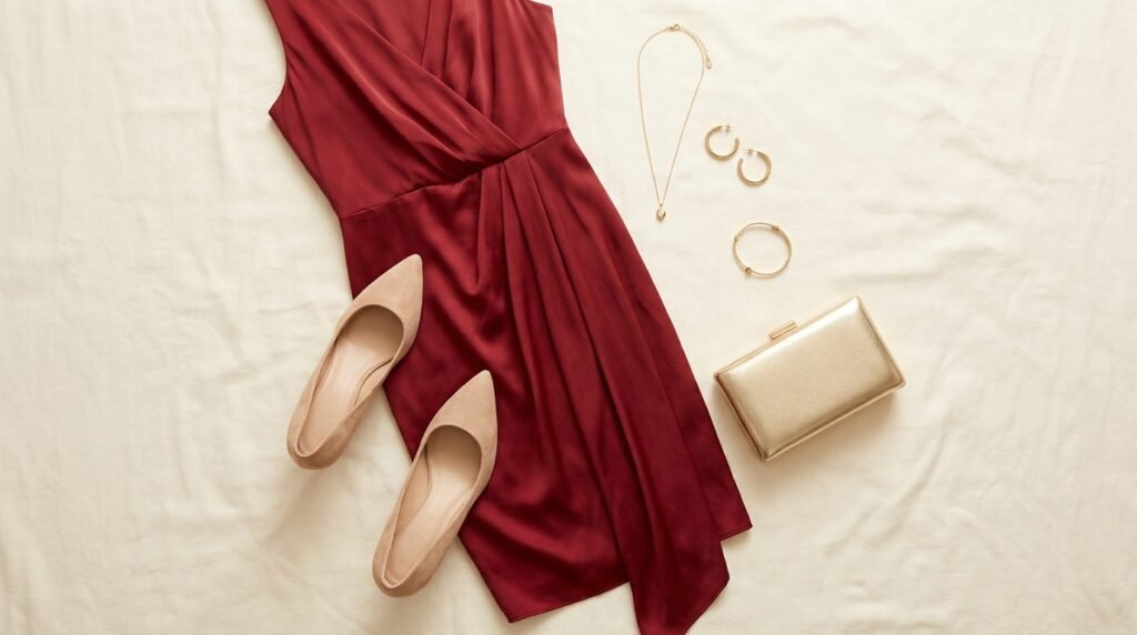 A red dress is laid out next to nude heels, a gold clutch, and jewelry on an ivory background.