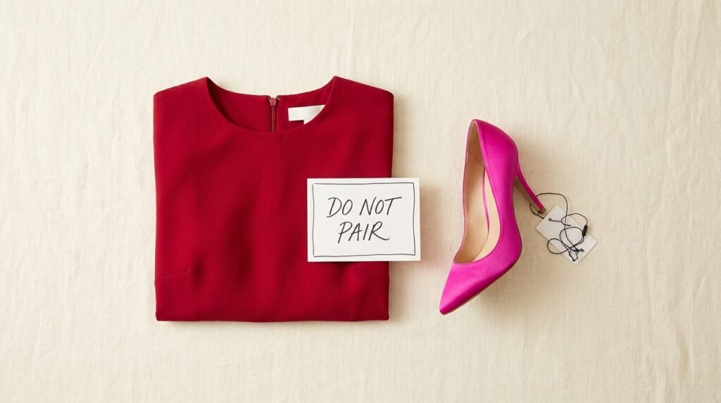  A red dress laid next to a bright pink shoe to demonstrate a color clash.