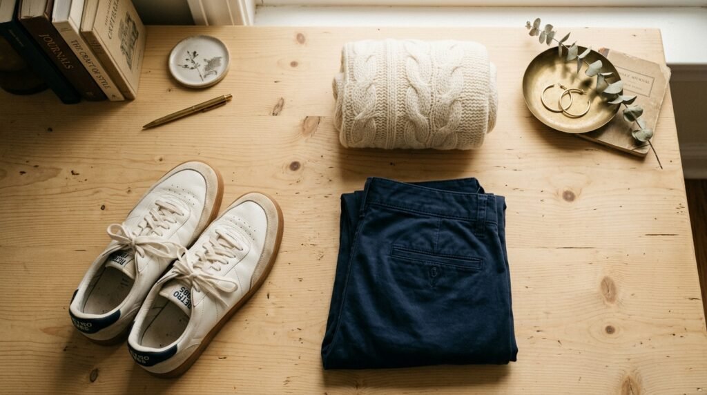 A flat lay arrangement of retro court sneakers, a knit sweater, earrings, and navy trousers on a wooden surface.