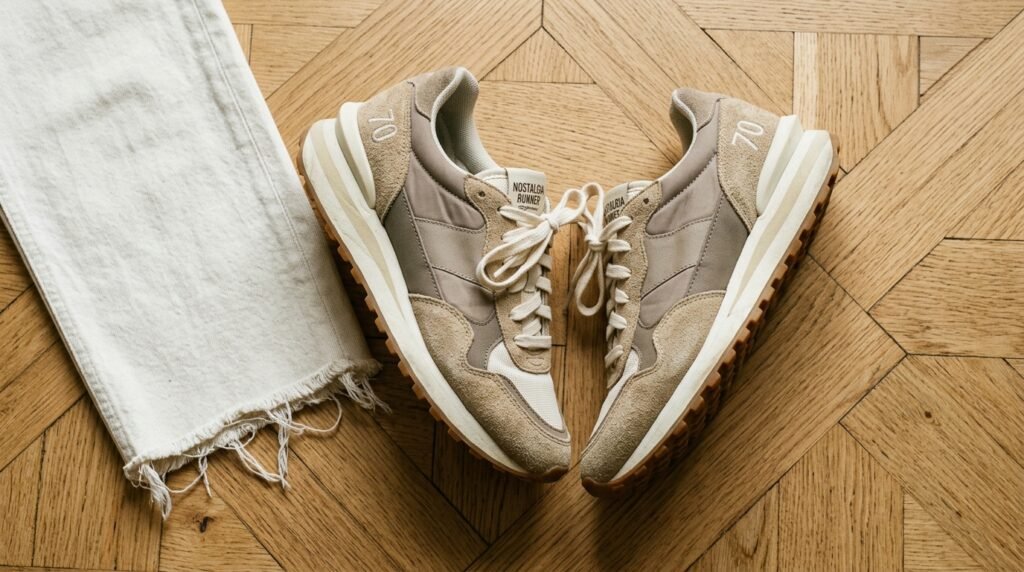 Neutral sand suede retro running sneakers with gum soles paired with ecru denim.
