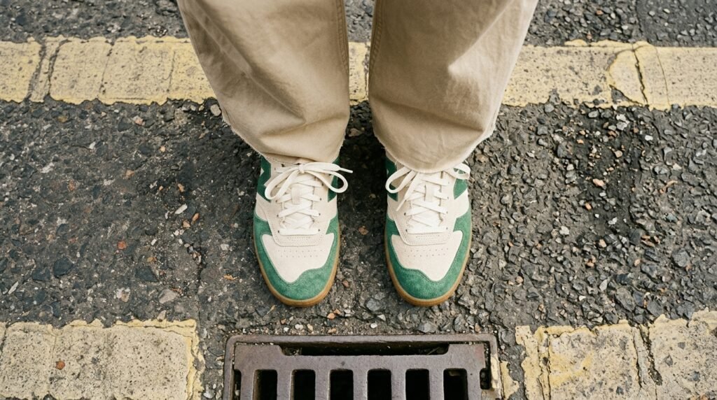Cream and green low-profile retro sneakers with gum soles styled with wide-leg trousers.