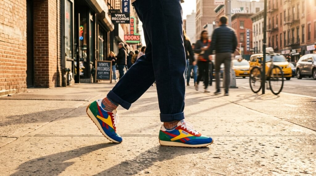 Colorful retro running sneakers worn on a city sidewalk during a sunny afternoon.