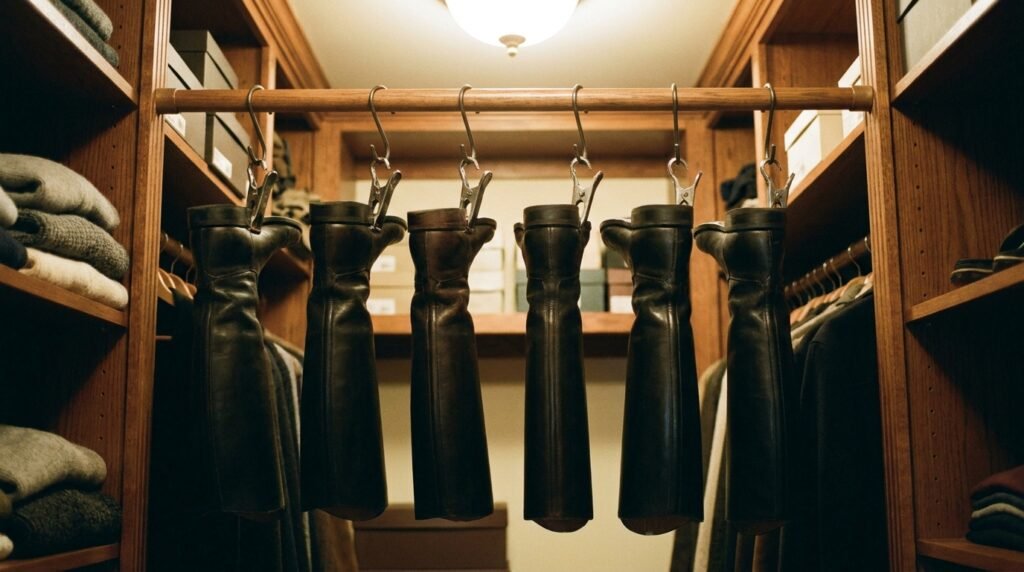 Tall leather boots hanging upside down from a closet rod using specialized clips.