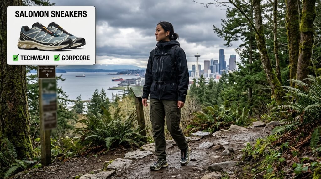 Person on an outdoor trail wearing a technical jacket, cargo pants, and trail sneakers.