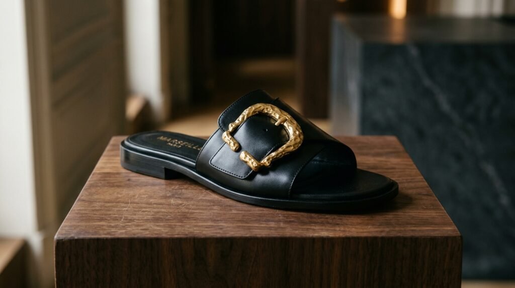 Black leather slide sandal with a sculptural gold hardware buckle on a wooden pedestal.