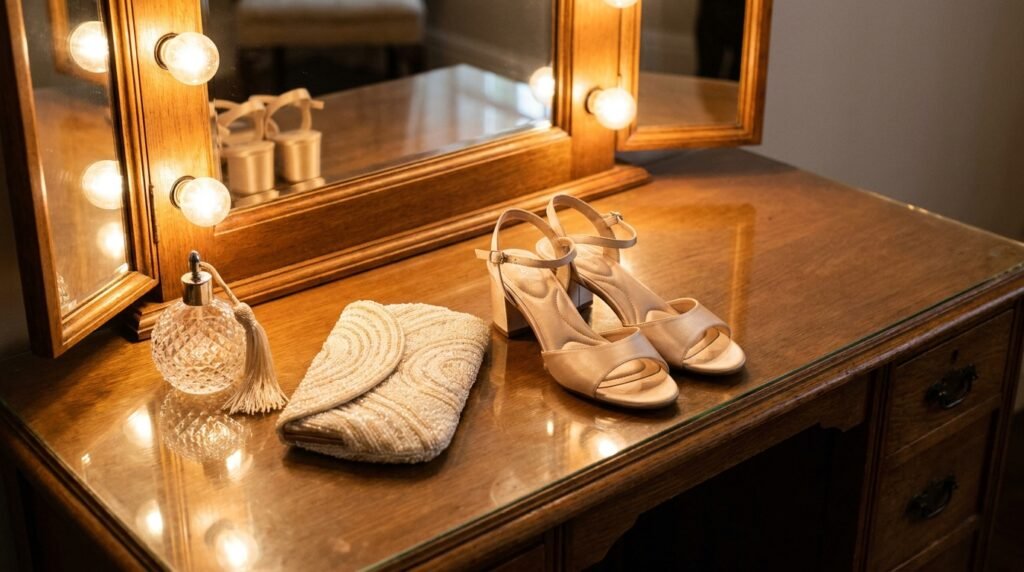 Low-block evening sandals and a clutch resting on a dressing table with warm lighting.
