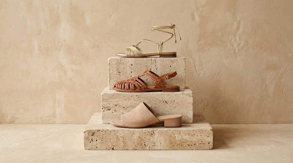 Stepped travertine pedestals displaying three distinct luxury flat sandal designs.