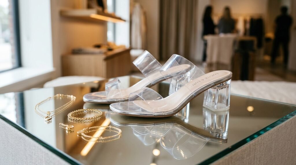 Clear acrylic block-heel slide sandals displayed on a glass table with gold jewelry.
