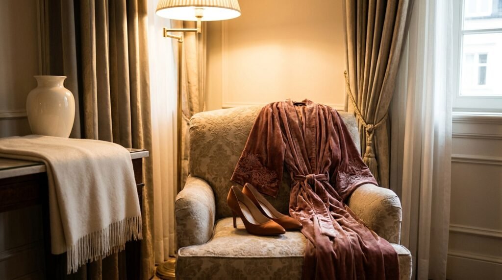 Satin pumps and a velvet wrap resting on a chair in a hotel room.