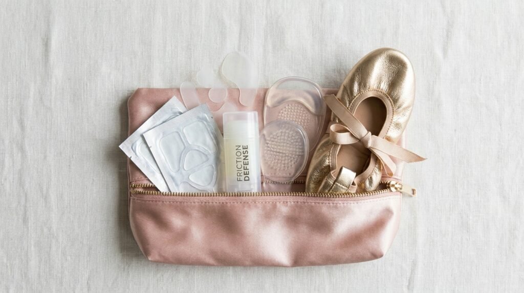 Emergency footwear kit showing compact flats, blister bandages, and gel cushions.