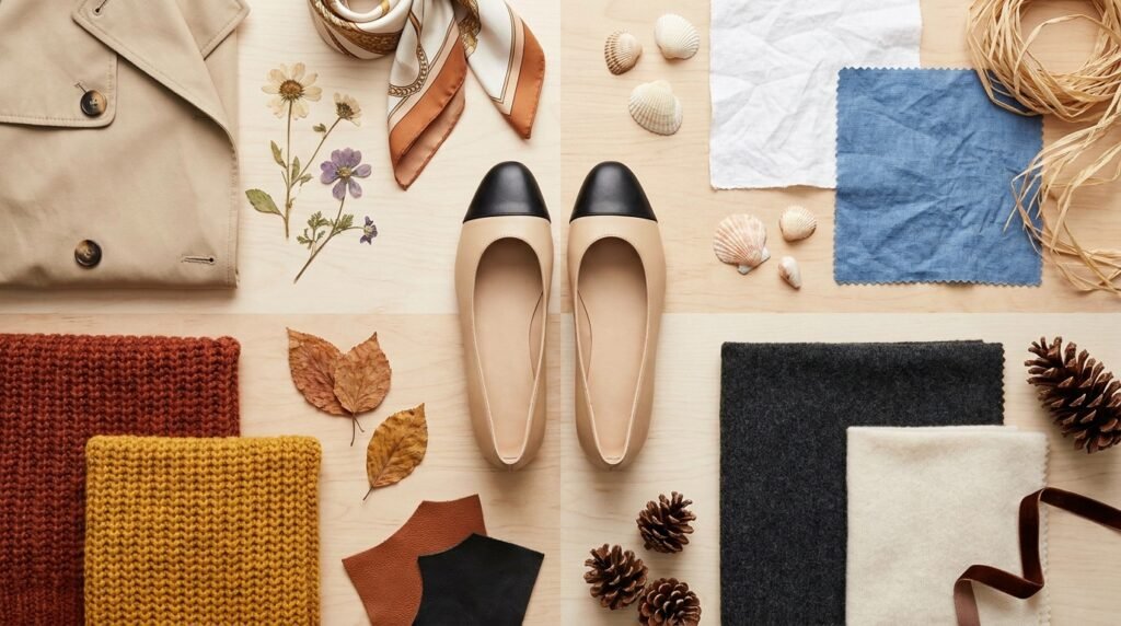 Seasonal mood board showcasing fabrics for spring, summer, fall, and winter with two-tone flats.