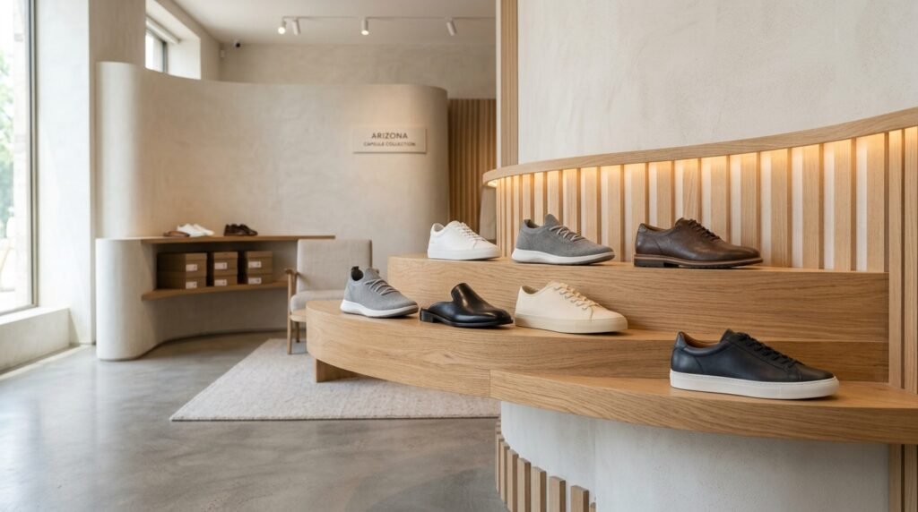 Display of seven essential capsule wardrobe shoes on wooden showroom shelves.