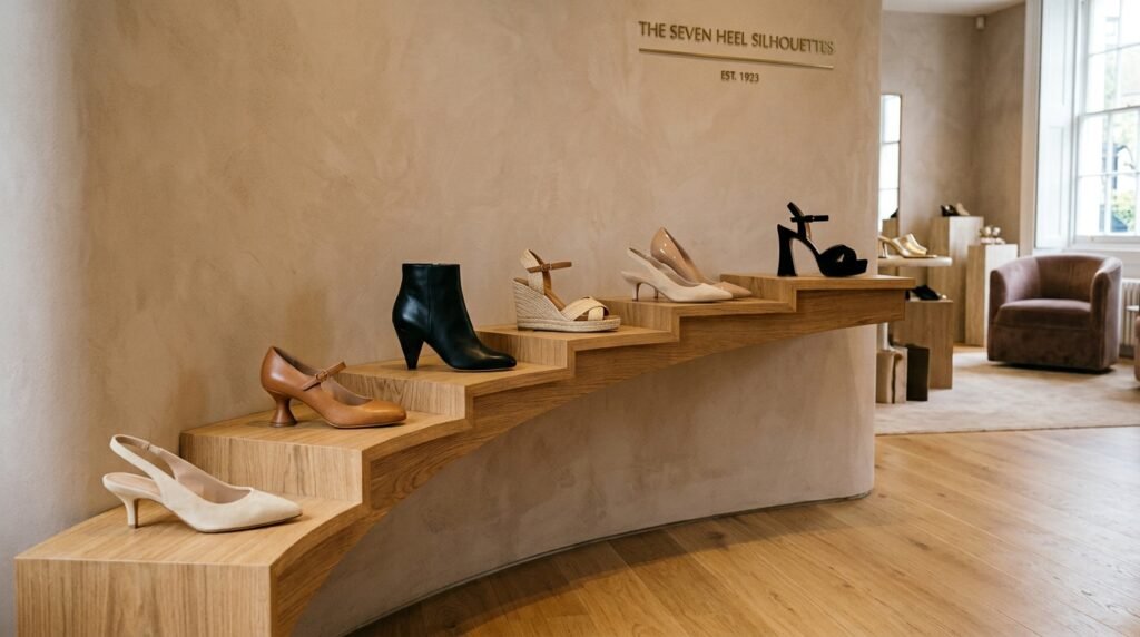 Display of seven essential versatile heels on wooden showroom shelves.