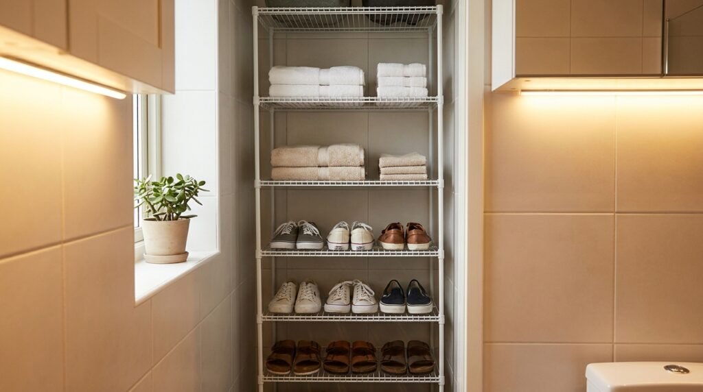 A narrow multi-tiered metal shelving unit holding shoes in a compact bathroom corner.