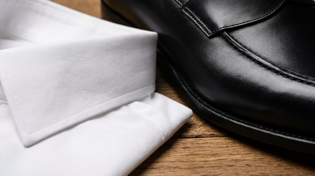 Close-up of crisp white cotton poplin fabric resting next to a polished black leather loafer.