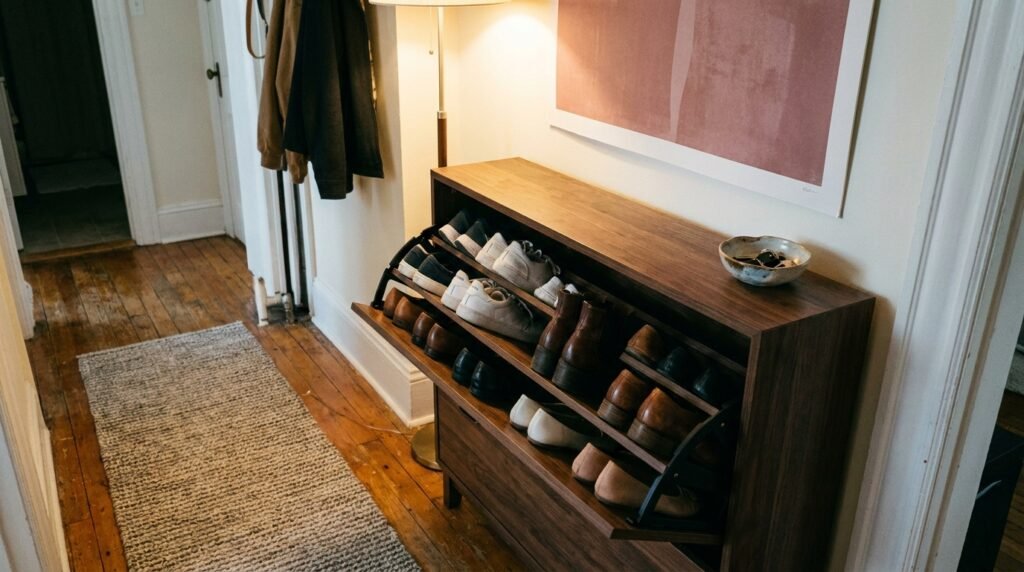 A narrow wooden tilt-out shoe cabinet open in a tight hallway showing stored footwear.