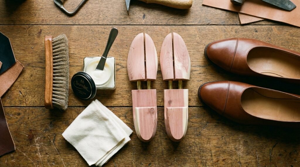 Leather shoe care products and cedar shoe trees arranged beside two-tone leather flats.