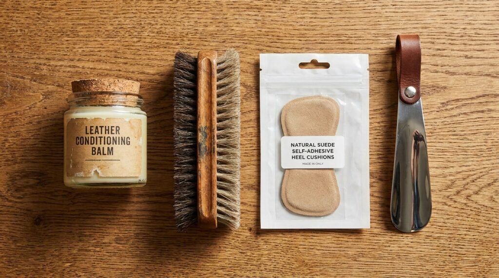 Leather shoe care supplies and comfort heel cushions arranged on a wooden desk.