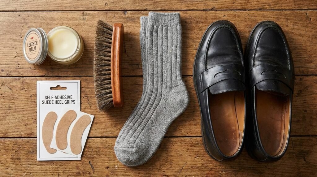 Leather shoe care supplies and heel grips arranged beside black leather loafers.