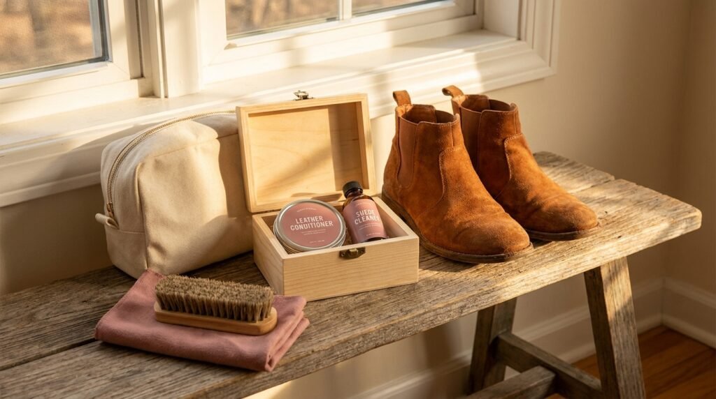 Shoe care brush and leather boots sitting on a wooden bench.