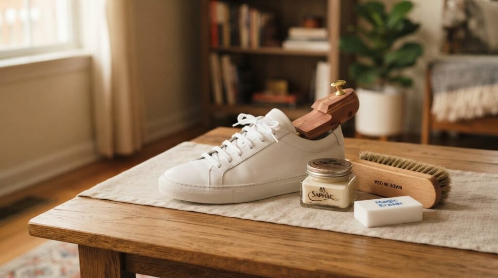 A wooden table displaying a shoe tree, leather conditioner, a brush, a cleaning sponge, and a white sneaker.