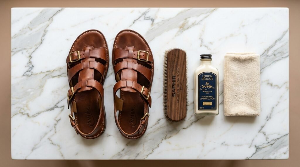 Leather shoe care products and horsehair brush arranged beside luxury leather sandals.