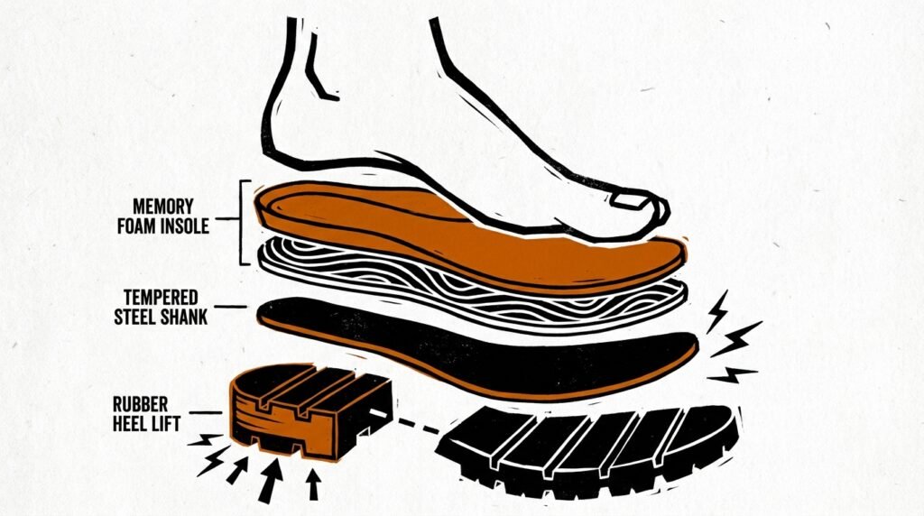 Diagram showing internal cushioning, steel shank, and arch support layers inside a luxury heel.