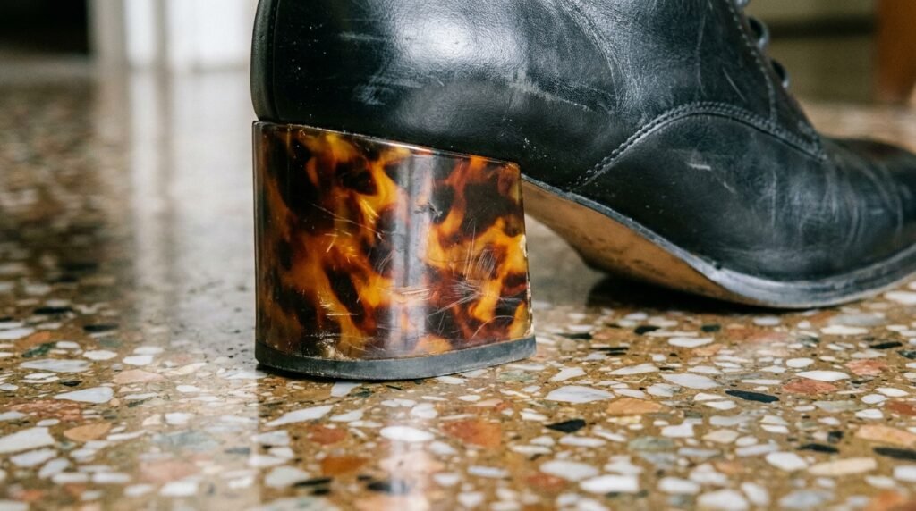 Black leather pump featuring a high-gloss tortoiseshell patterned block heel.