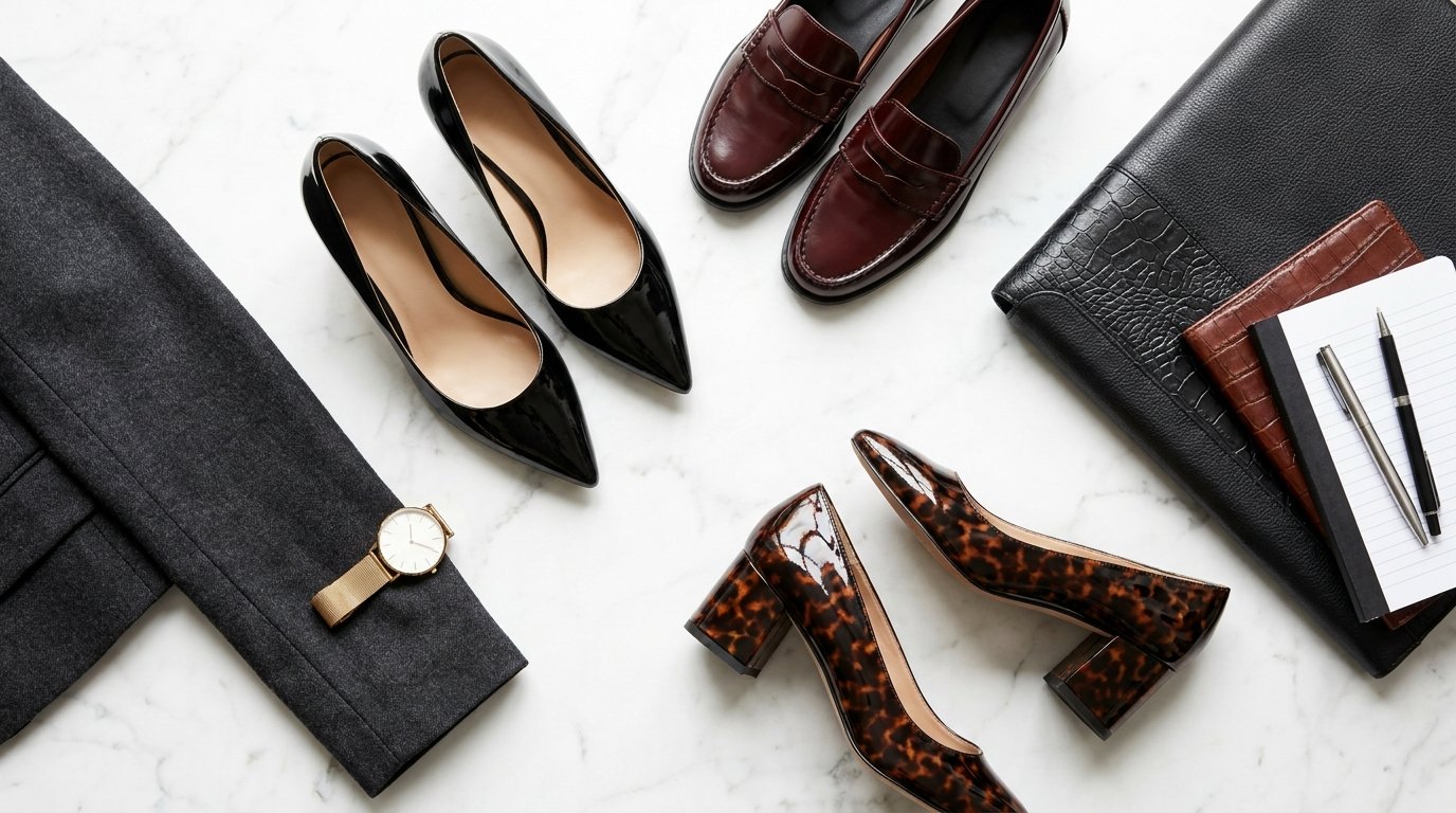 Corporate baddie shoes for job interview including black stilettos, oxblood loafers, and block heels on a marble desk.