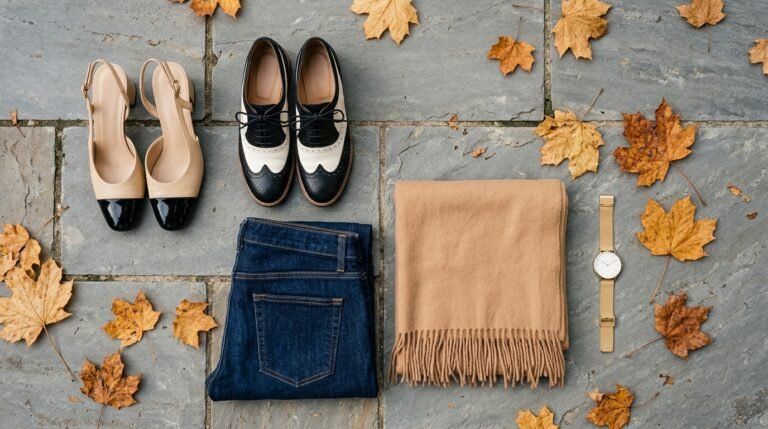 Two-tone shoes outfit flat lay featuring cap-toe slingbacks and spectator loafers on slate.