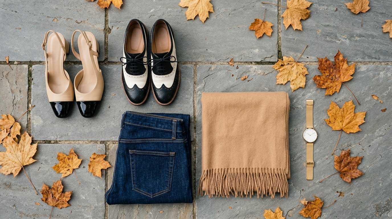 Two-tone shoes outfit flat lay featuring cap-toe slingbacks and spectator loafers on slate.