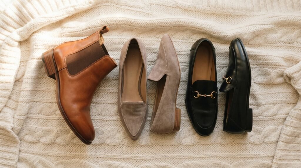 A flat lay of a cognac boot, a taupe flat, and a black loafer resting on a textured ivory blanket.