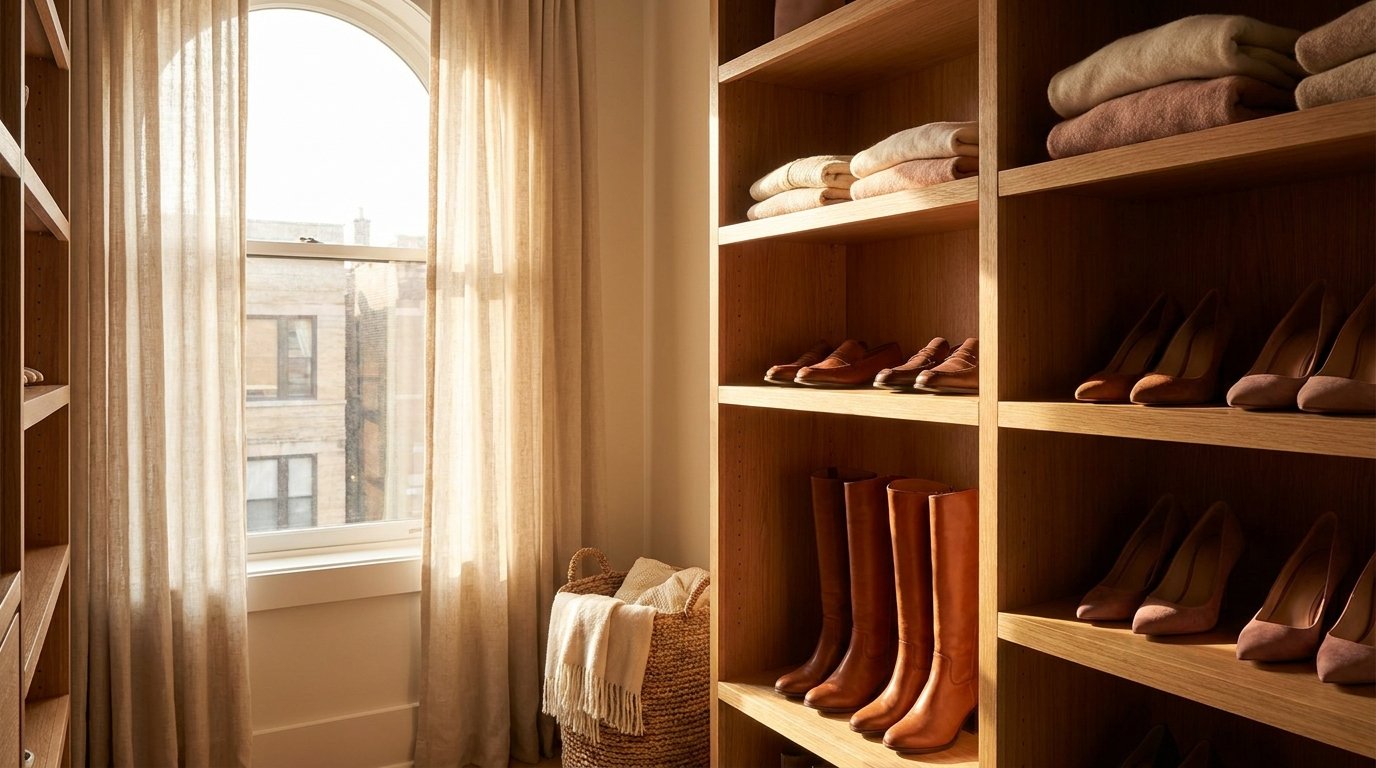 A neat arrangement of classic leather footwear including loafers and boots on wooden closet shelves.