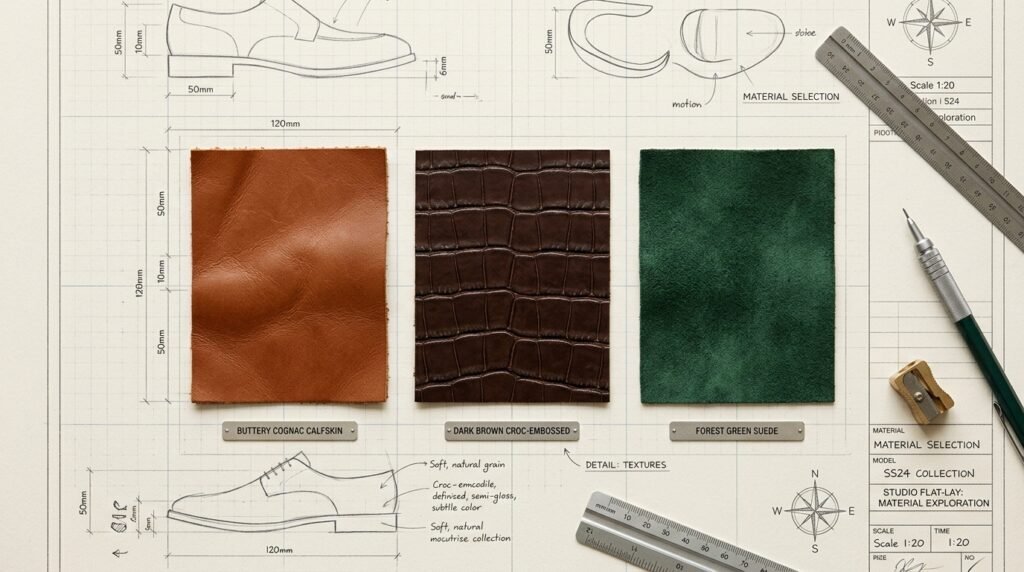 Textural comparison of cognac leather, embossed calfskin, and suede footwear materials for fall.
