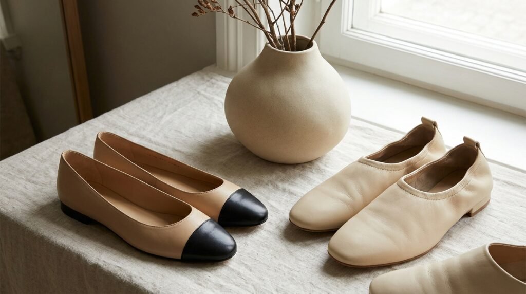 Two-tone lambskin ballet flats displayed on a textured linen surface.