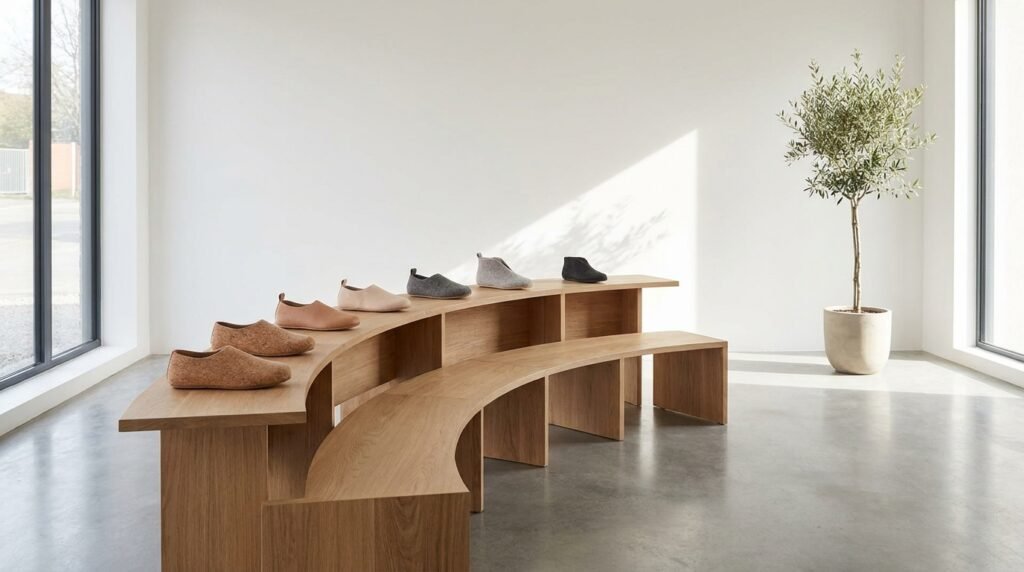 Display of seven capsule shoe wardrobe essentials on wooden showroom shelves.