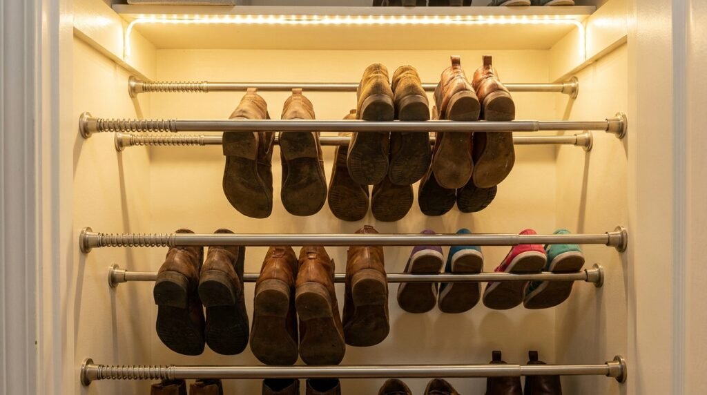 Spring tension rods installed inside a shallow closet holding shoes by their heels and toes.