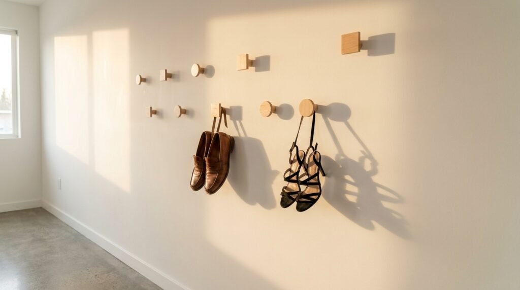 Geometric wooden wall pegs holding stylish leather shoes on a neutral wall.