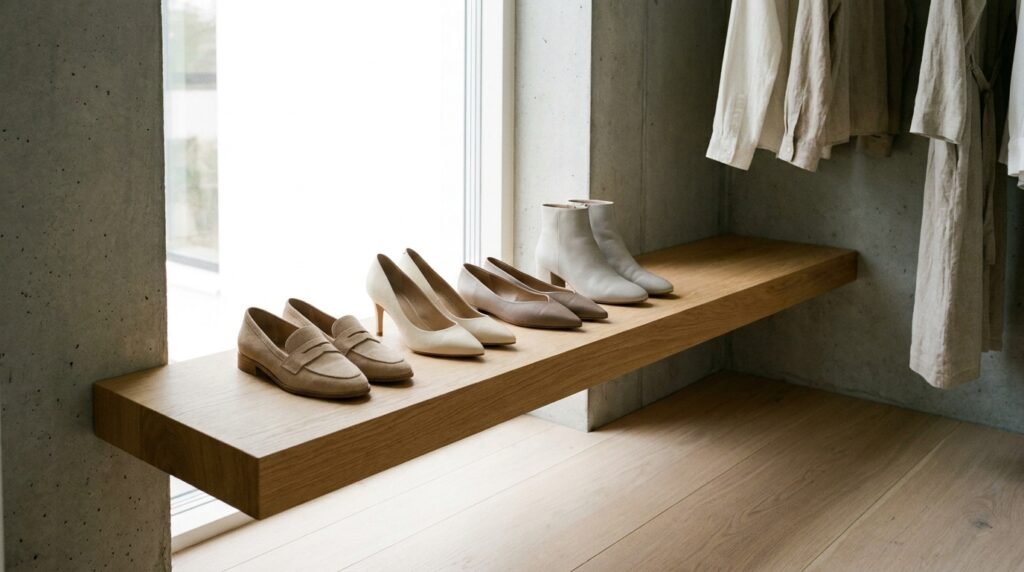 Minimalist closet display showing four pairs of neutral leather work shoes on a wooden shelf.