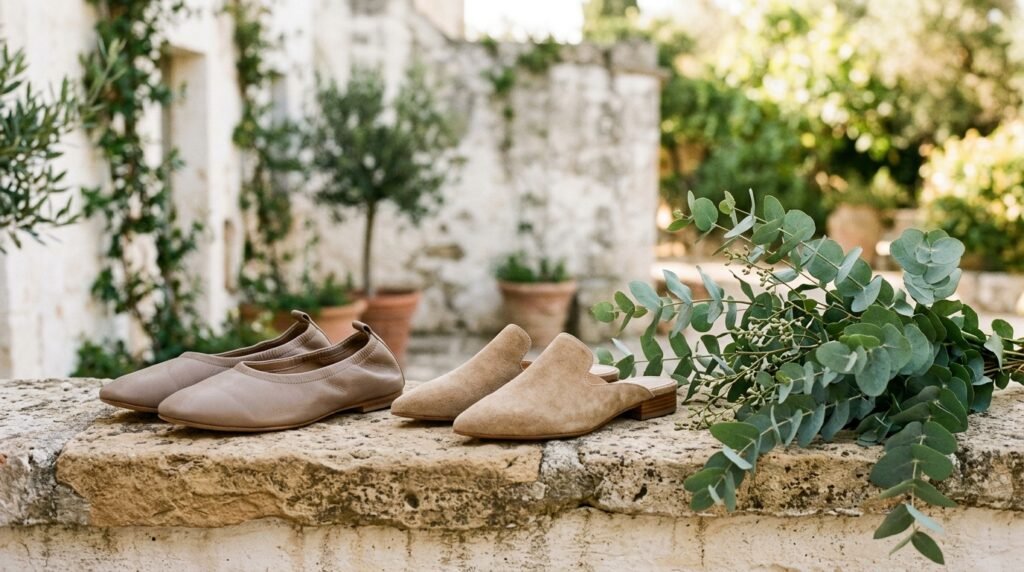 Soft taupe leather glove flats and suede mules displayed on a stone surface.