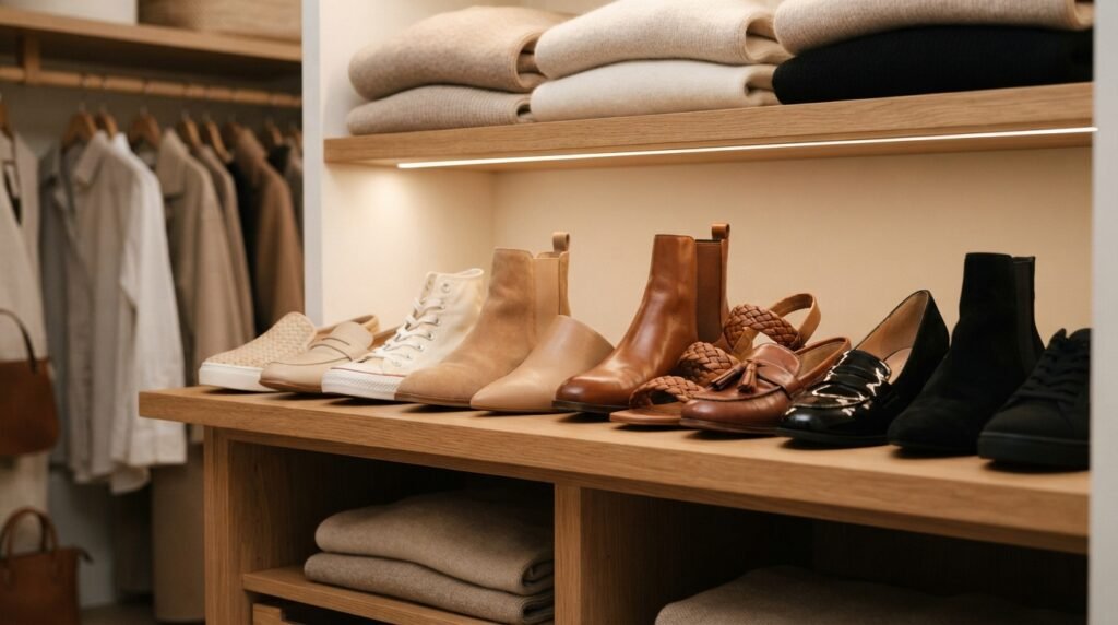 A neat closet shelf displaying shoes organized strictly by neutral color palettes from cream to black.