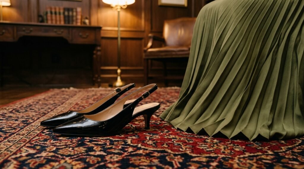 Pointed black kitten-heel slingbacks styled with an olive pleated midi skirt.